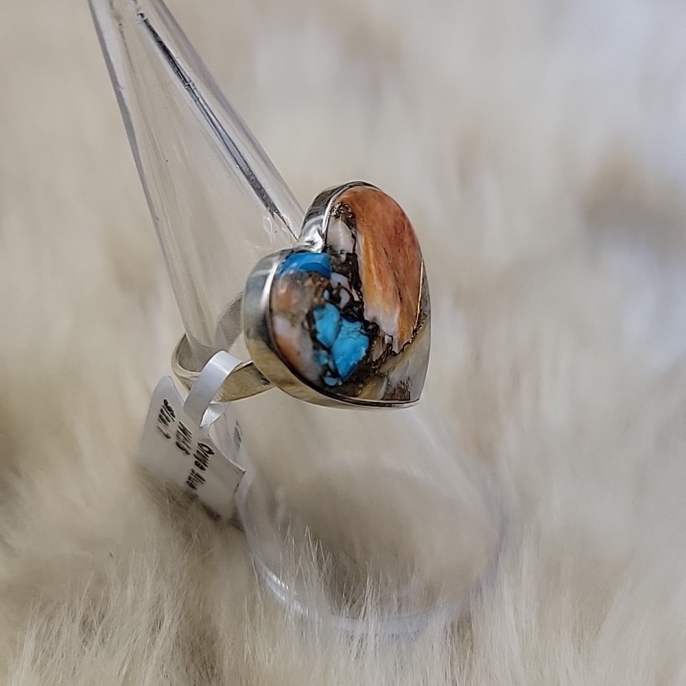 Heart Shape 925 Sterling Silver Statement Ring Spiney Oyster / Turquoise Size 7